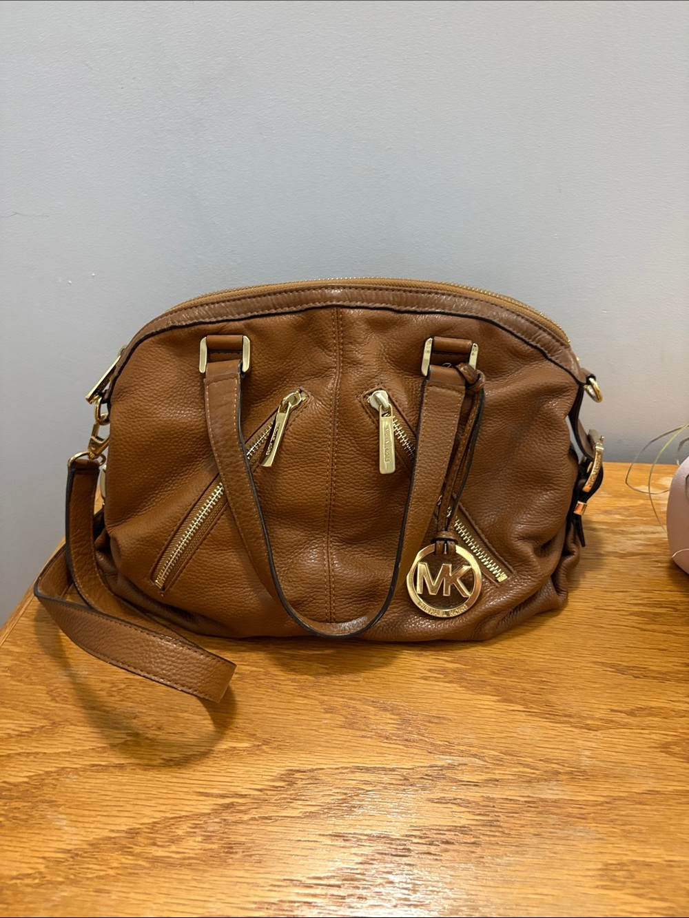 Michael Kors Brown Pebbled Leather Satchel with Gold Accents